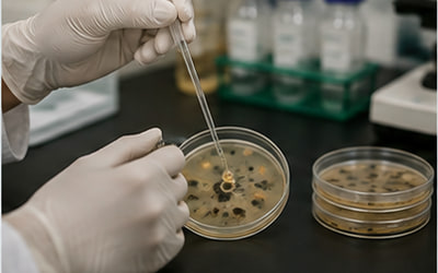 AIHA-accredited lab technician analyzing a mold sample on a microscope slide in a professional laboratory.