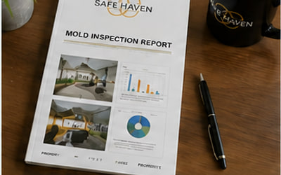 Detailed mold inspection report with lab results, photos, and charts reviewed next to a laptop.