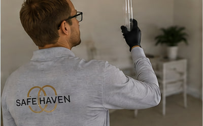 Certified inspector collecting an air sample with a spore trap cassette during indoor mold testing in a South Florida home.