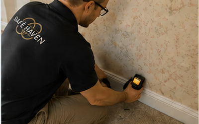 Licensed mold inspector kneeling to examine a baseboard with a flashlight during a residential mold inspection.